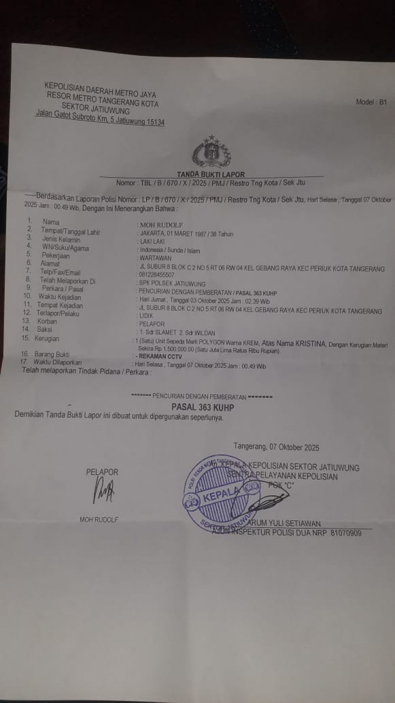 Wakil Kepala Bidang DPP Humas FWJ Indonesia Minta Polisi Tangkap Pelaku Pencurian