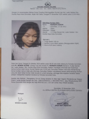 Pelajar Gorontalo Hilang, Diduga Dibawa Laki - Laki Kenalan Media Sosial