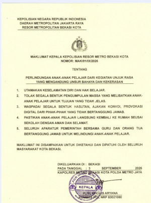 Jaga Keselamatan dan Masa Depan Pelajar, Kapolres Metro Bekasi Kota Terbitkan Maklumat